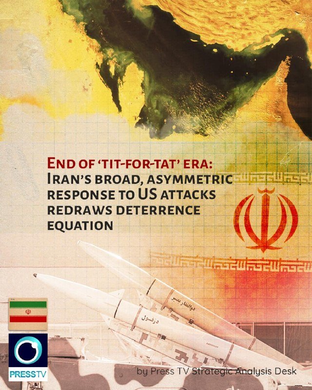 A Press TV graphic features an ink-style map, the Iranian flag emblem, and missile illustrations overlaid with text about Iran's response to US attacks.