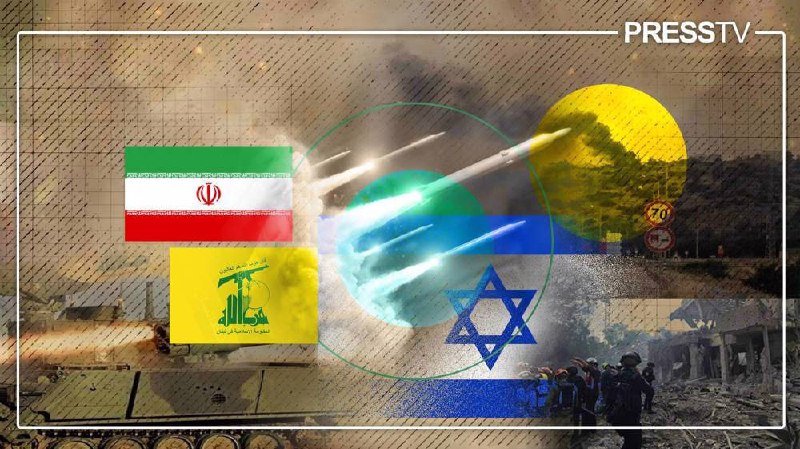 A Press TV graphic shows the Iranian flag, Hezbollah flag, Star of David, and Israeli flag overlaid on missiles, explosions, and scenes of soldiers amid rubble.
