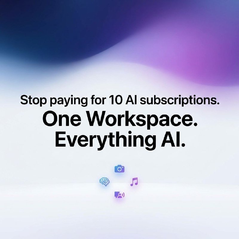 A promotional graphic features the text "Stop paying for 10 AI subscriptions. One Workspace. Everything AI." above icons for camera, brain, music, and communication functions.