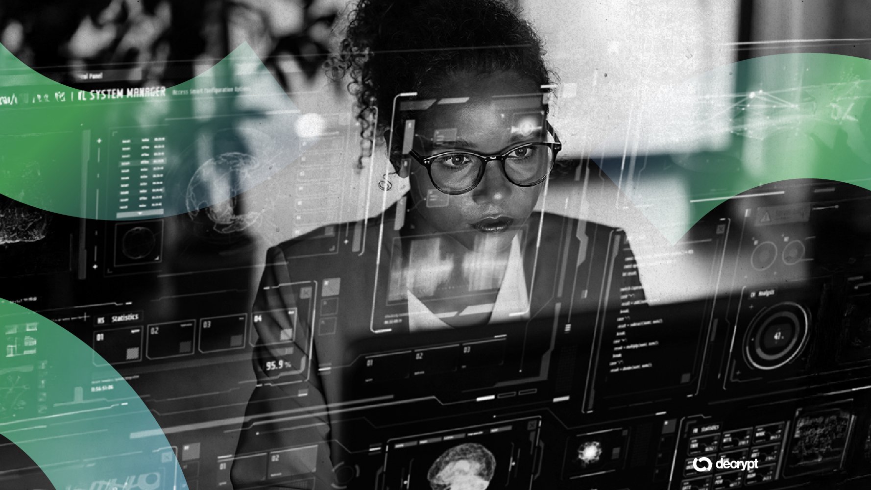 A black-and-white photograph of a bespectacled woman overlaid with digital interface graphics, data panels, and the "decrypt" logo in the corner.