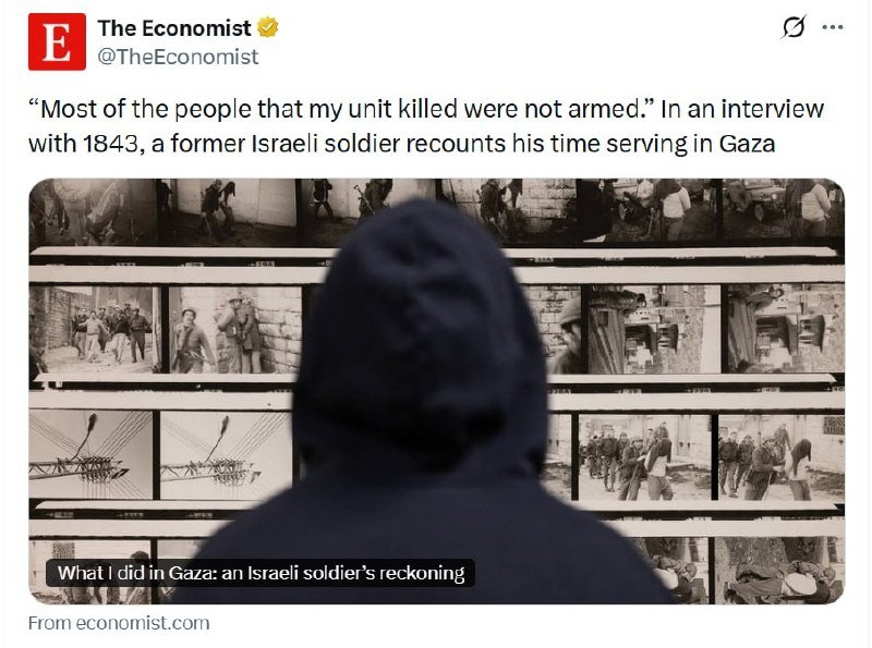 A social media post from The Economist shows a hooded figure viewing filmstrips of black-and-white photos depicting people in conflict settings.