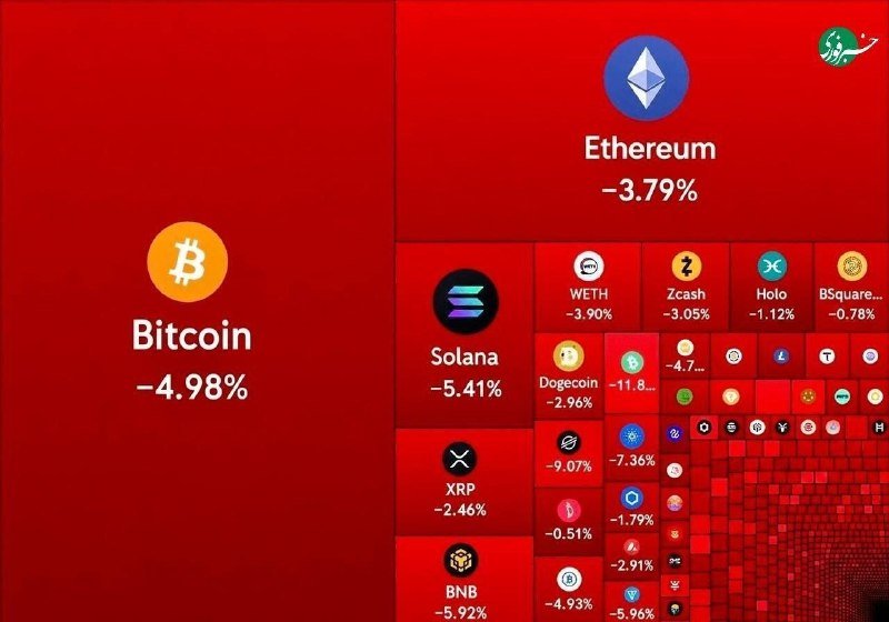 A red cryptocurrency market heatmap displays Bitcoin down 4.98%, Ethereum down 3.79%, Solana down 5.41%, and other coins showing negative percentage changes.