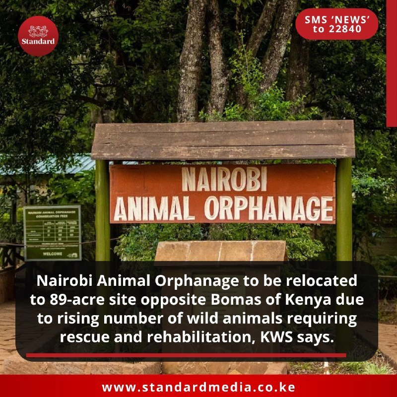 A wooden sign reading "NAIROBI ANIMAL ORPHANAGE" stands amid lush green trees, with a smaller green admission fees board beside it.