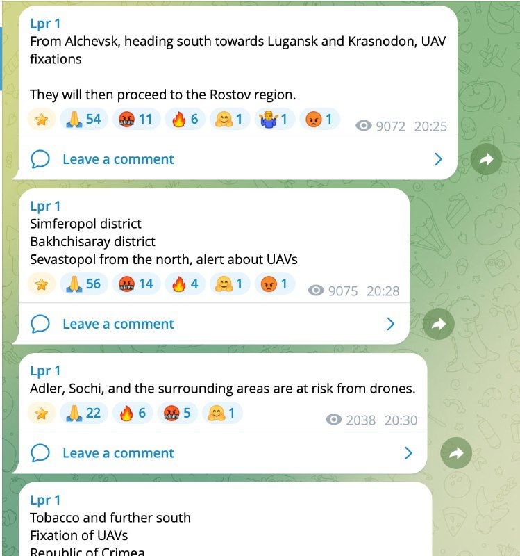 A screenshot of a Telegram channel displays multiple alerts from "Lpr 1" regarding UAV activity across various regions, complete with reaction counts and timestamps.