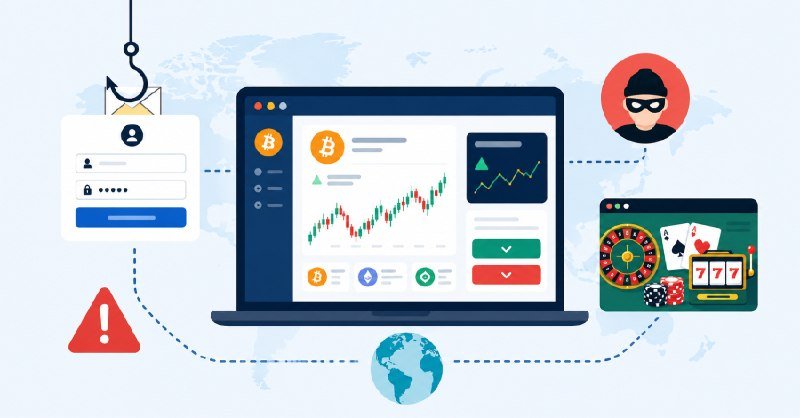A digital illustration shows a laptop displaying cryptocurrency trading charts, connected by dotted lines to a phishing login popup, a hacker icon, a warning symbol, and a gambling interface over a world map.