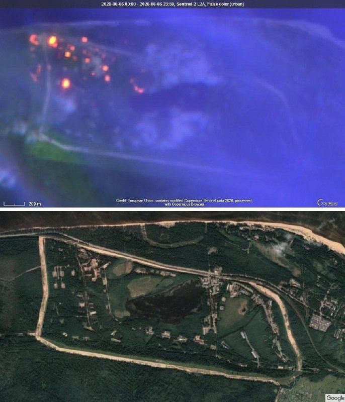 Two satellite views show a forested area with scattered structures and roads, the top image displaying heat signatures in false-color infrared with a "Copernicus" label.