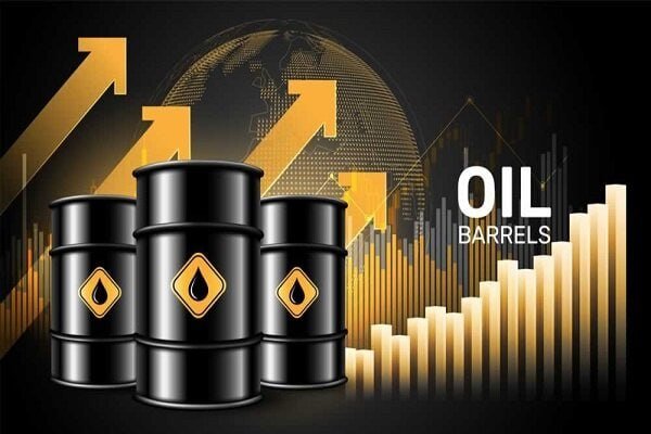 Illustration showing three black oil barrels beside orange upward arrows, a digital globe, a bar graph, and the text "OIL BARRELS."