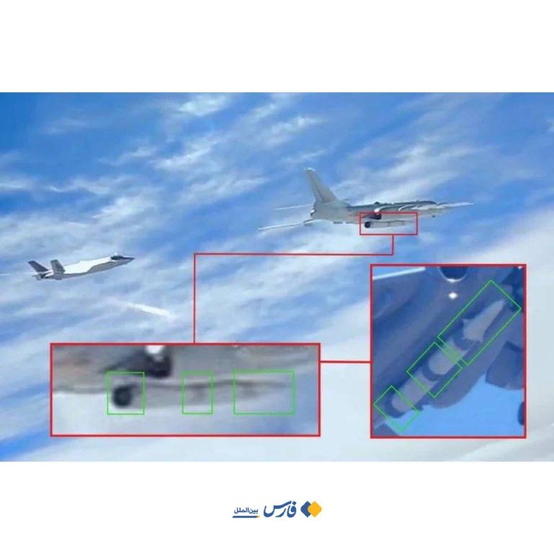 A graphic illustration shows two aircraft in flight, with red and green boxed callouts highlighting a missile or pod beneath the larger plane's wing, alongside Persian text and a logo.
