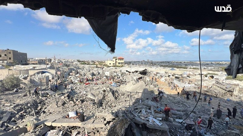 Tasnim News English channel, 06:53 UTC, 7 June 2026: photographs captioned as showing destruction in Mawasi, Khan Yunis, attributed to overnight Israeli aerial operations.