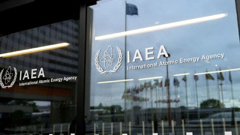 The IAEA (International Atomic Energy Agency) logo and name are displayed on glass windows, with multiple international flags reflected in the glass.