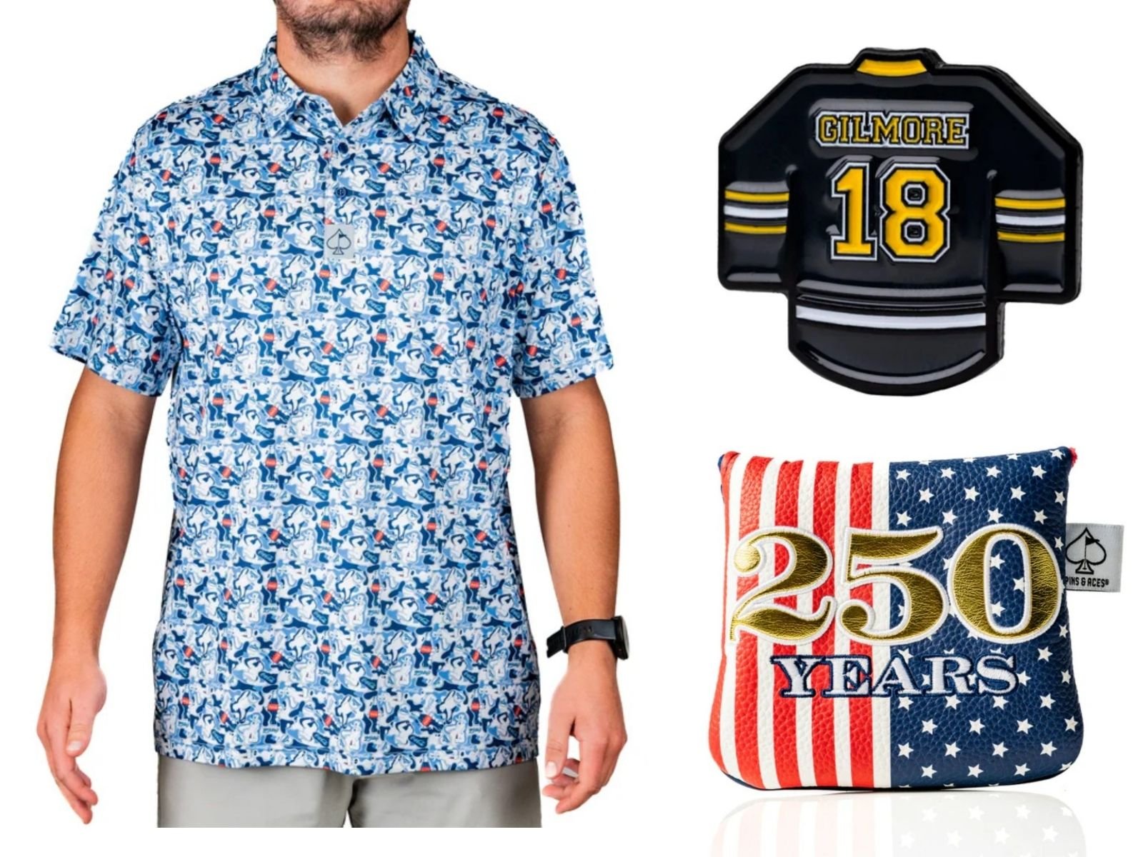 A man models a blue patterned polo shirt alongside a black hockey jersey reading "GILMORE 18" and an American flag-themed golf club cover marked "250 YEARS."