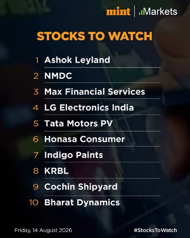 A graphic from mint Markets titled "STOCKS TO WATCH" lists ten companies, dated Friday, 14 August 2026, with the hashtag #StocksToWatch.