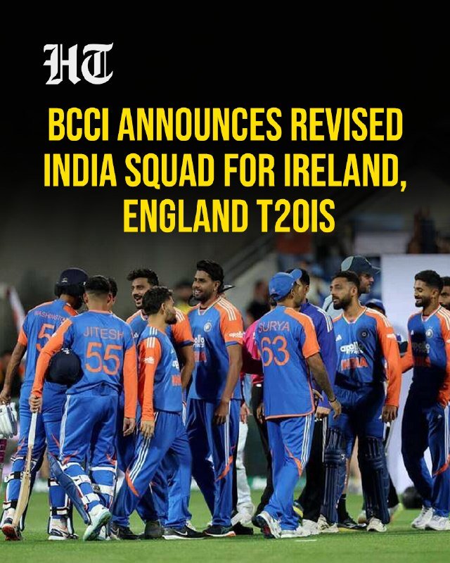 A graphic overlay reads "BCCI ANNOUNCES REVISED INDIA SQUAD FOR IRELAND, ENGLAND T20IS" above a group of cricket players in blue and orange uniforms gathered on a field.