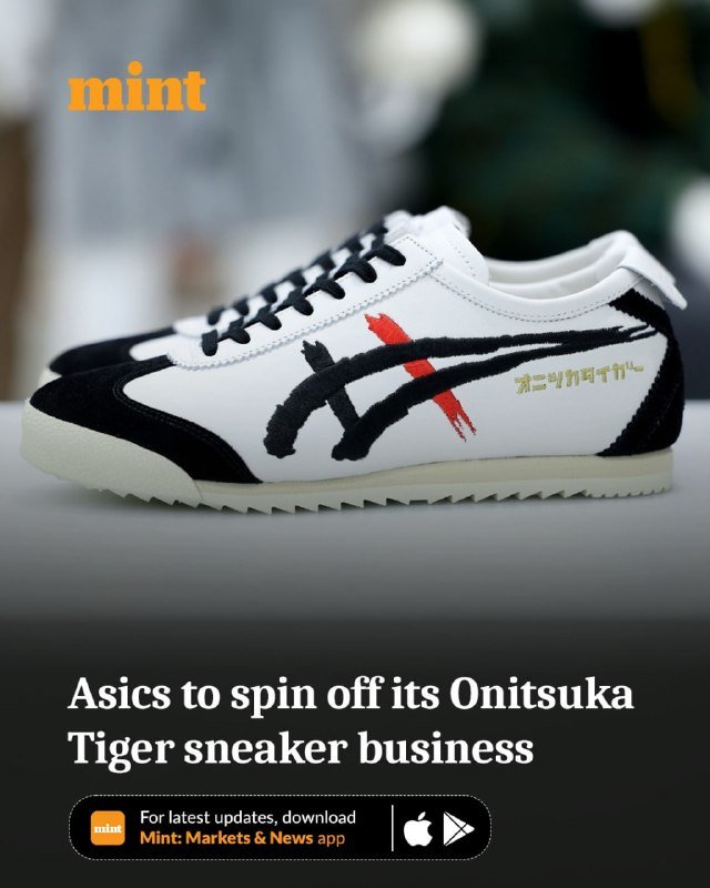 A white and black Onitsuka Tiger sneaker with a red accent stripe and Japanese text, displayed on a light surface with the "mint" logo and headline about Asics spinning off the brand.