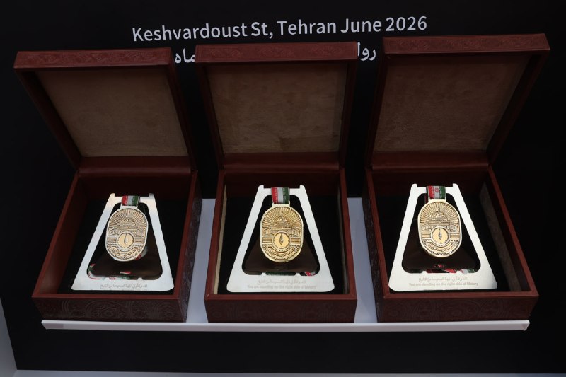 Medallists and officials at the ‘On the Right Side of History’ ceremony in the Koshordoost Hall at the Khomeini mausoleum complex in southern Tehran, 9 June 2026.