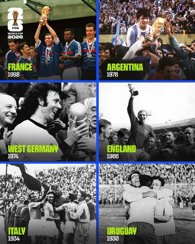 A FIFA World Cup 2026 graphic displays a six-panel collage showing past championship-winning teams — France (1998), Argentina (1978), West Germany (1974), England (1966), Italy (1934), and Uruguay (1930) — lifting the World Cup trophy.