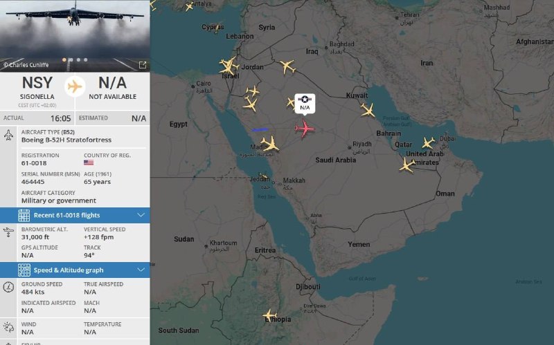 A US Navy P-8A Poseidon transiting east of Sicily — its Flightradar24 squawk miscoded as a B-52H, an early June 2026 reminder that the bombers everyone is watching are sometimes only visible because the feed is mislabelled.