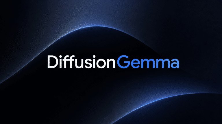 Digital graphic displaying the text "DiffusionGemma" in white and blue against a dark blue gradient background with curved wave patterns.