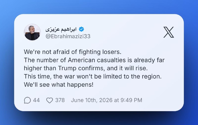 On 10 June 2026, the chairman of Iran's parliamentary National Security Committee publicly contradicted the White House on American casualties, while the US president vowed a second day of strikes.