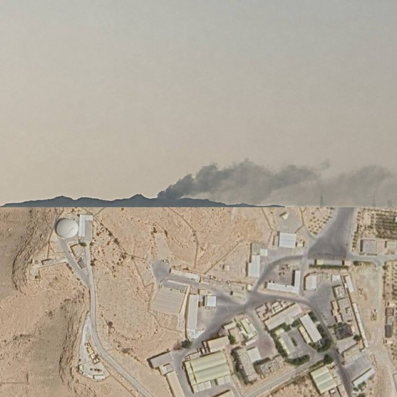 Split image: top shows a distant mountain ridge with dark smoke rising from it, while the bottom displays an aerial view of a desert settlement with buildings and roads.
