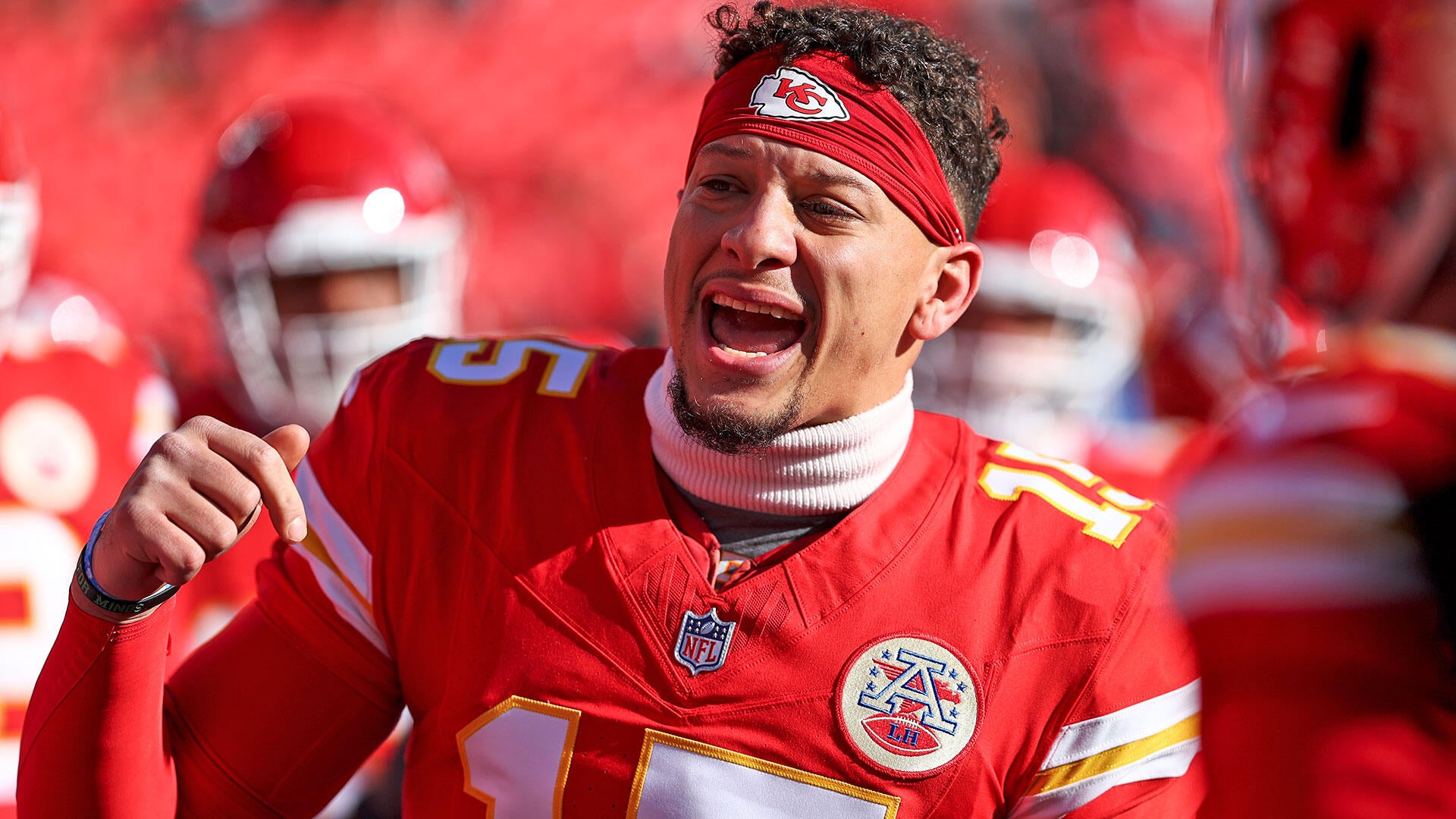 Patrick Mahomes walks the sideline during a 2025 regular-season game at GEHA Field at Arrowhead Stadium.