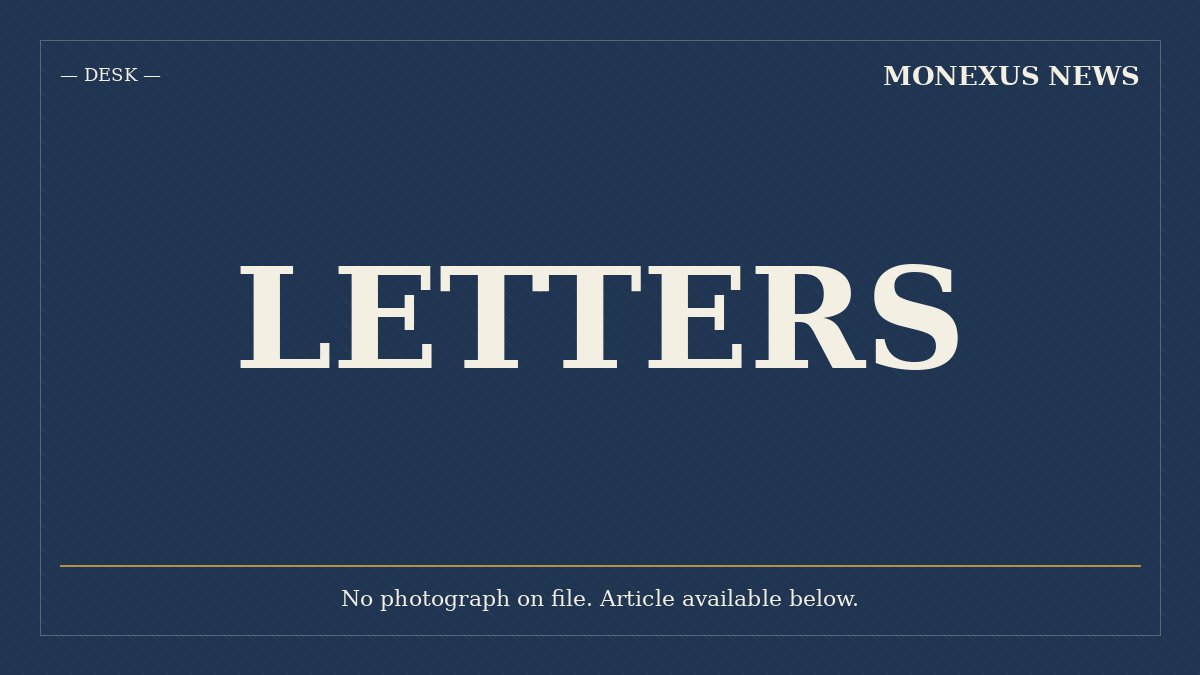 A navy blue graphic displays the word "LETTERS" in large white serif type, with "MONEXUS NEWS" in the top right, "DESK" in the top left, and text stating "No photograph on file. Article available below."