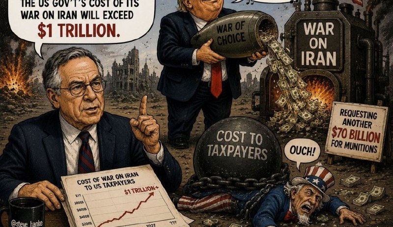 A political illustration depicts a man pointing beside a chart showing rising costs, while another figure pours money from a "War of Choice" bomb into a "War on Iran" furnace, with Uncle Sam chained to a ball labeled "Cost to Taxpayers."