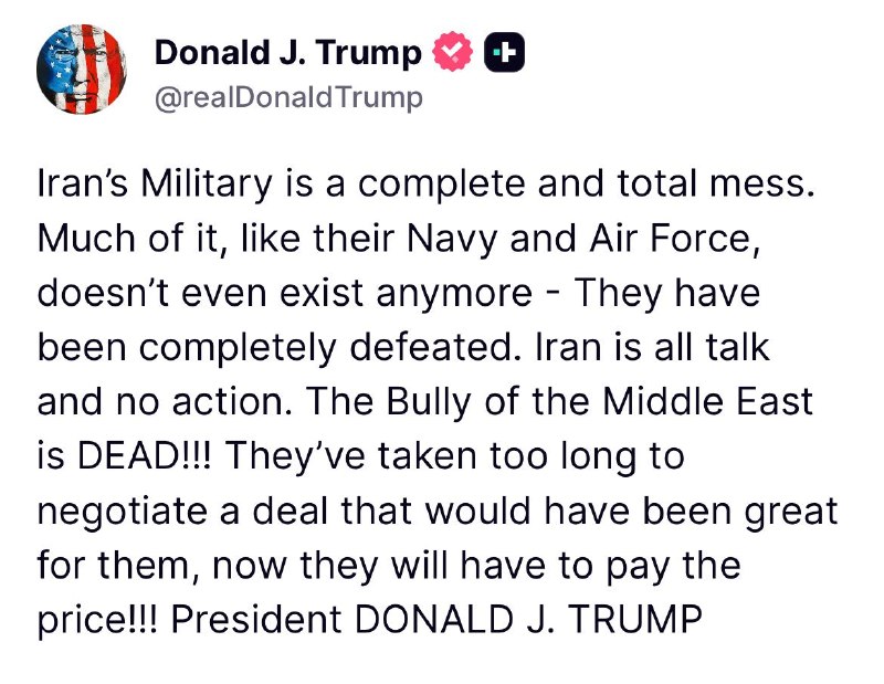 Screenshot of President Trump's 10 June 2026 social-media post on Iran, circulated by the Open Source Intel monitoring channel.