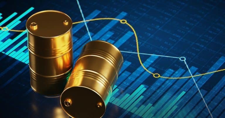 Illustration: Two golden oil barrels sit atop a blue background featuring bar graphs and trend lines.