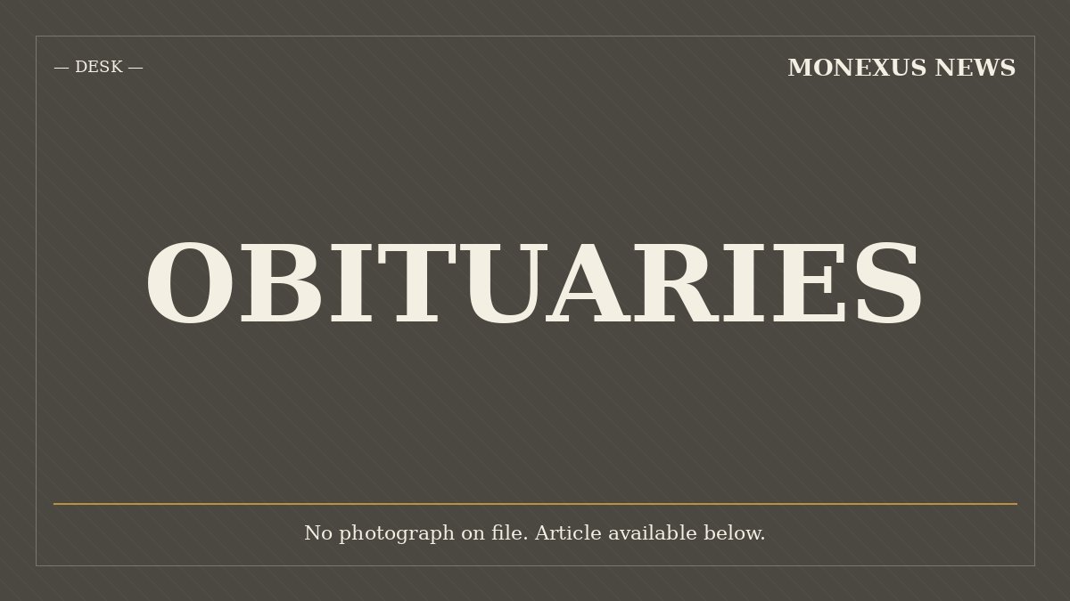 A black graphic displays "OBITUARIES" in large white text, with "— DESK —" and "MONEXUS NEWS" headers, and a note reading "No photograph on file."