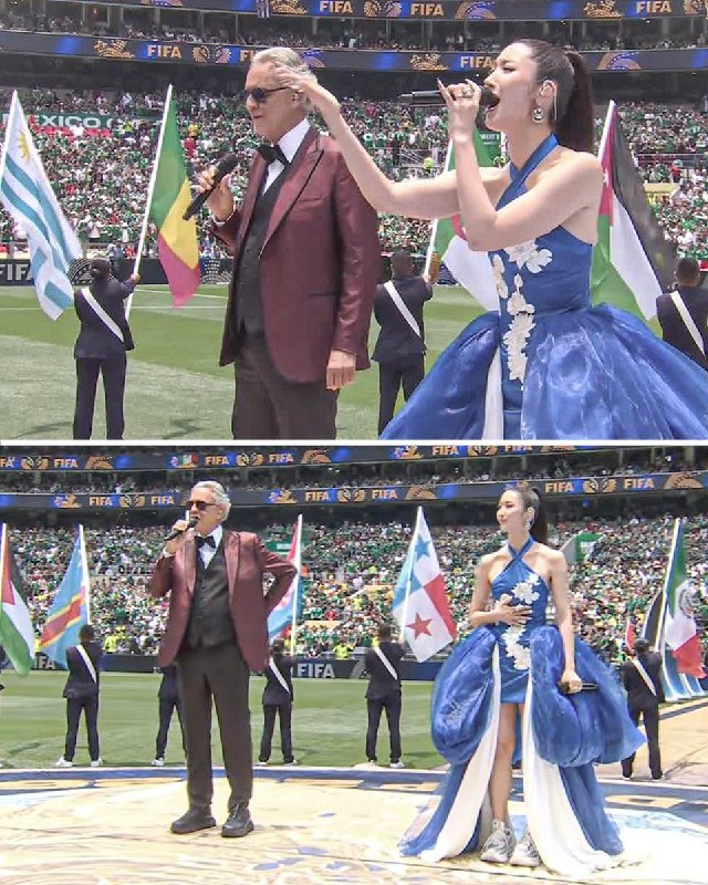 Two photos show a man in a maroon suit and a woman in a blue gown singing on a football pitch, with flag-bearers and FIFA-branded stadium crowds behind them.