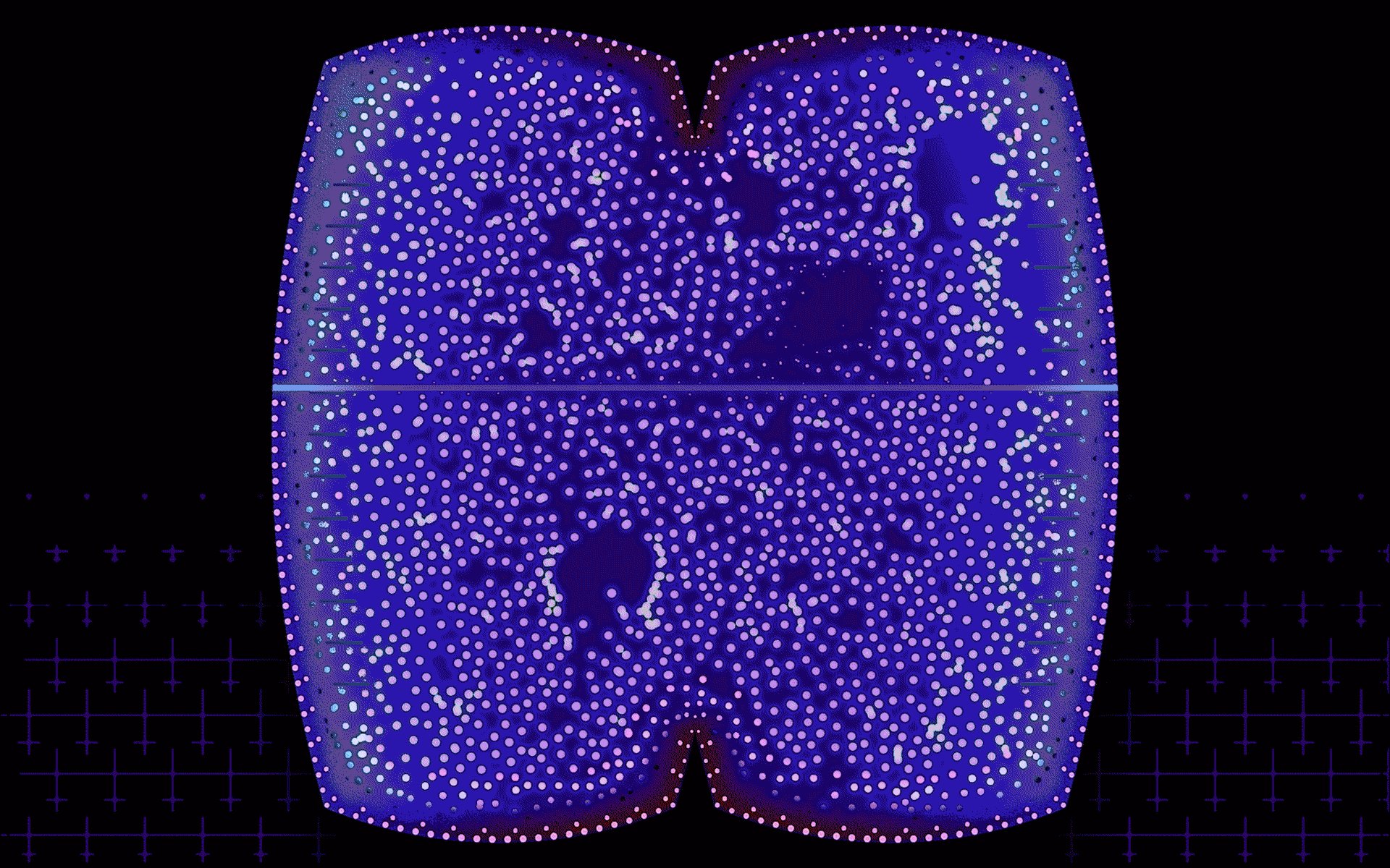 A digital graphic displays two illuminated vehicle rear-window silhouettes covered in dense pink and white dots, bisected by a horizontal bar against a black background with a purple grid pattern.