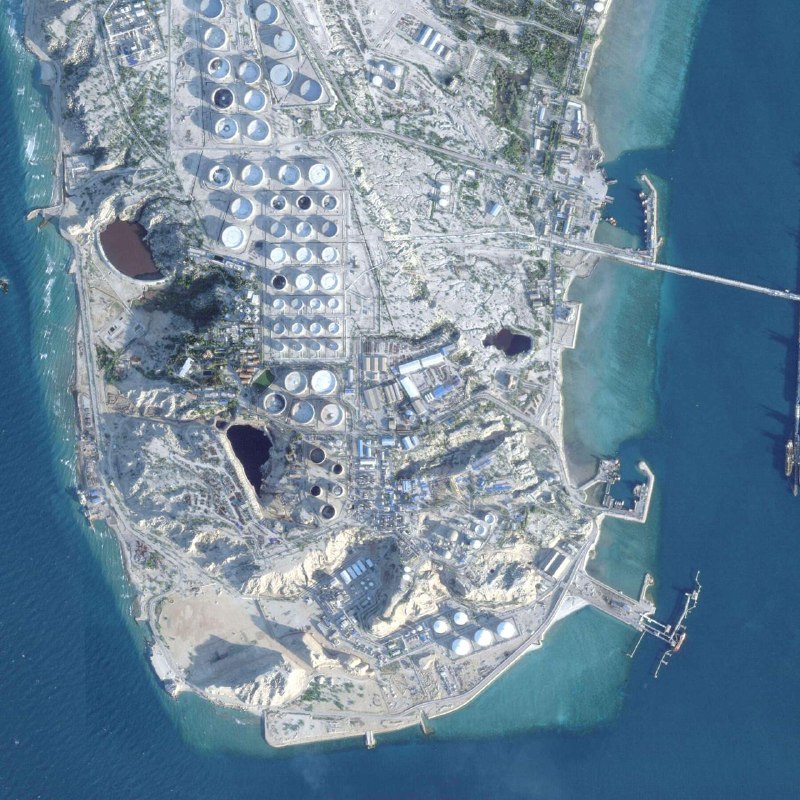 A satellite-style view of Kharg Island, the terminal through which the bulk of Iran's seaborne crude exports historically flow.