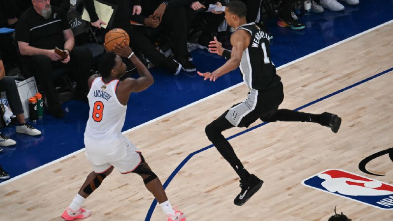 OG Anunoby and the Knicks celebrate the closing seconds of a 107-106 win that set a new NBA Finals comeback record on 11 June 2026.