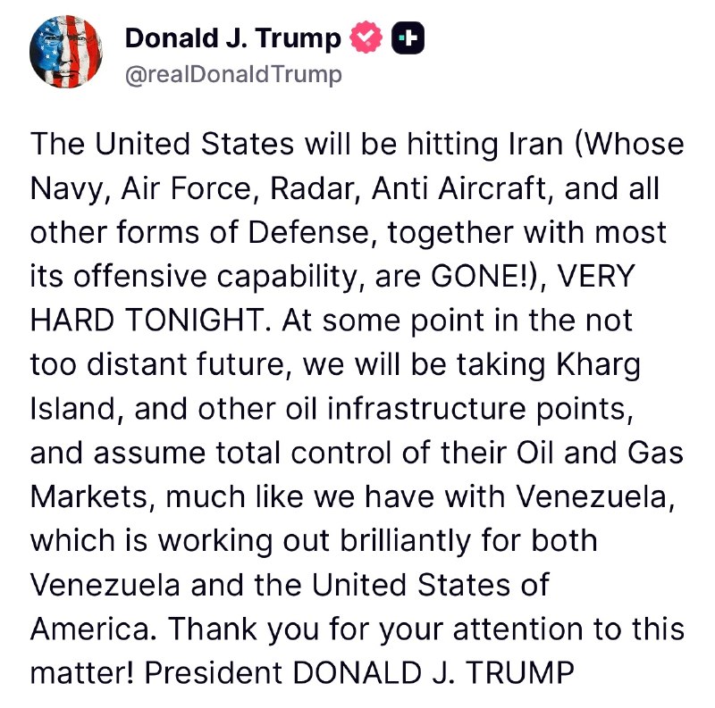 A still circulated by Open Source Intel on 11 June 2026 accompanying reporting on President Trump's statements about strikes on Iran and Kharg Island.