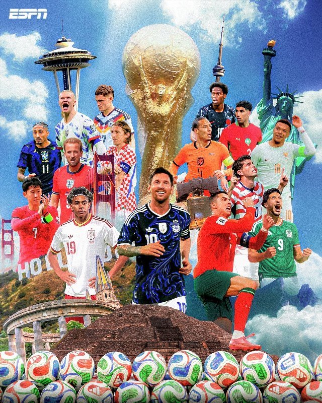 An ESPN graphic collage features soccer players in various national team jerseys gathered around a golden World Cup trophy, with the Statue of Liberty, Space Needle, and a pyramid visible in the background.