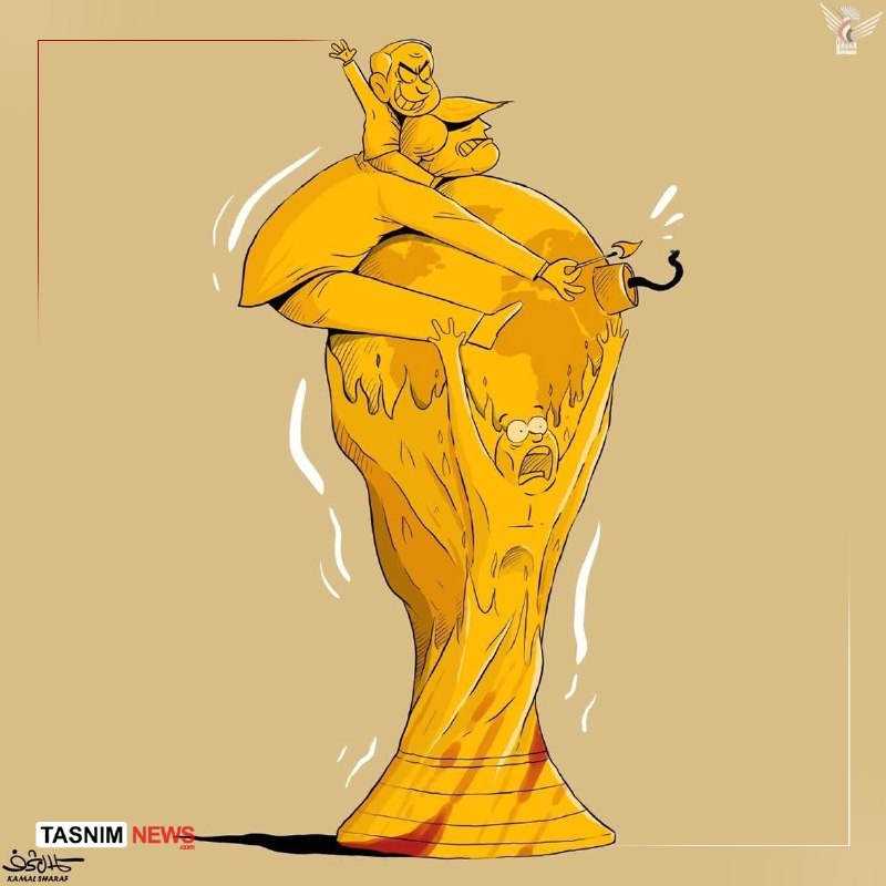 A 2026 caricature by Arab-world artist Kamal Sharaf, distributed by Tasnim News, depicting the political shadow over the World Cup.