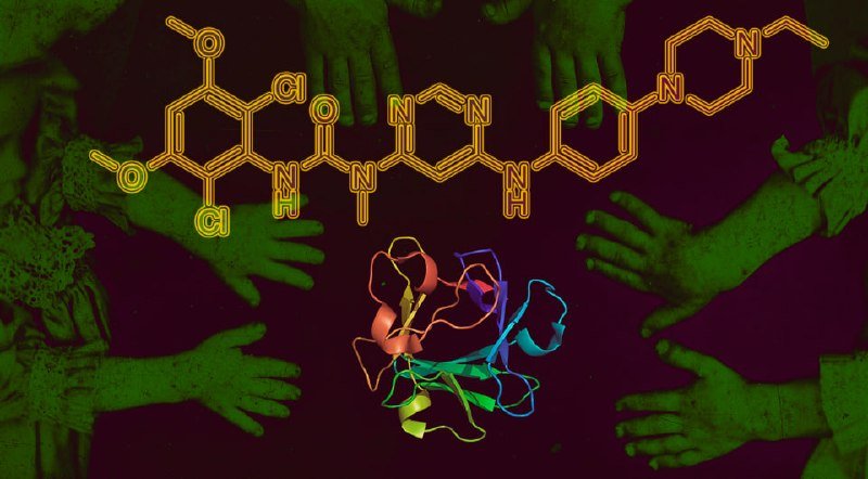 An orange chemical structure diagram and a multicolored protein ribbon model are overlaid on a dark background surrounded by green-toned images of human hands and feet.