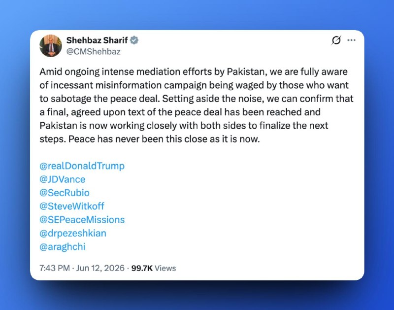 Pakistan's Prime Minister Shehbaz Sharif addressing the public, in an image circulated by state media on 12 June 2026.