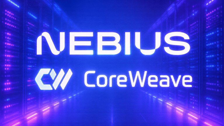 The illuminated "NEBIUS" logo appears above the "CoreWeave" logo against a blue background depicting a data center server aisle.