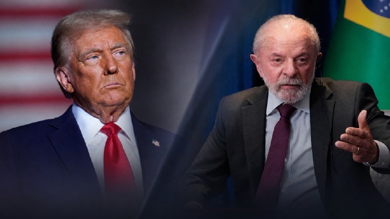 A split image shows a man in a dark suit and red tie before an American flag alongside a bearded man gesturing while speaking, with a Brazilian flag behind him.