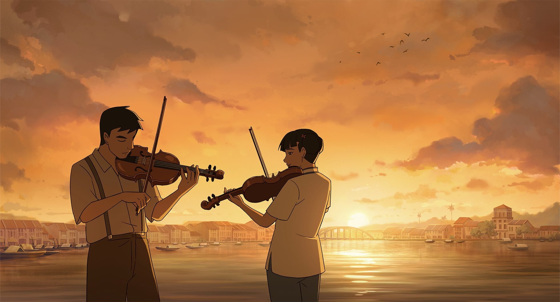 Illustration of two animated figures playing violins at sunset over a waterfront town with boats and a bridge.
