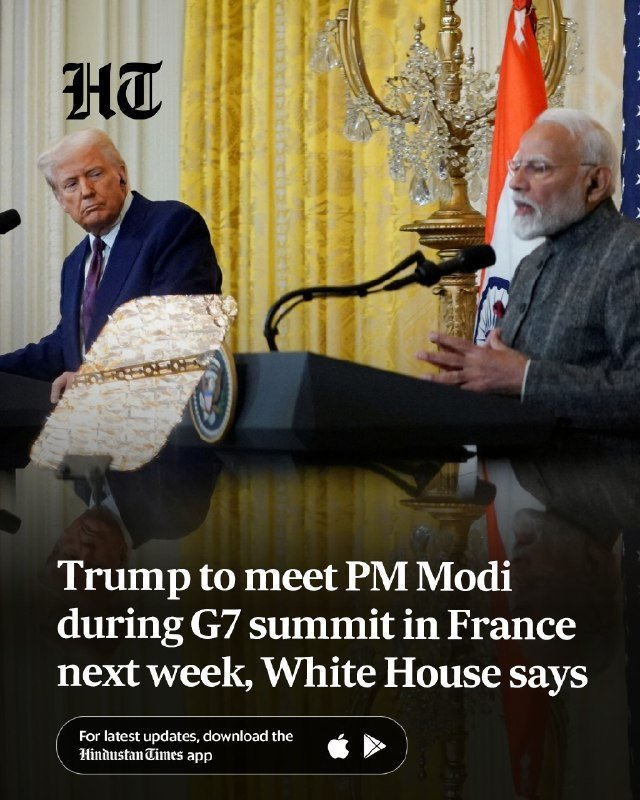 A news graphic shows two men at a joint press conference with microphones, flags, and a chandelier; the Hindustan Times logo and a headline about a Trump-Modi meeting appear overlaid.