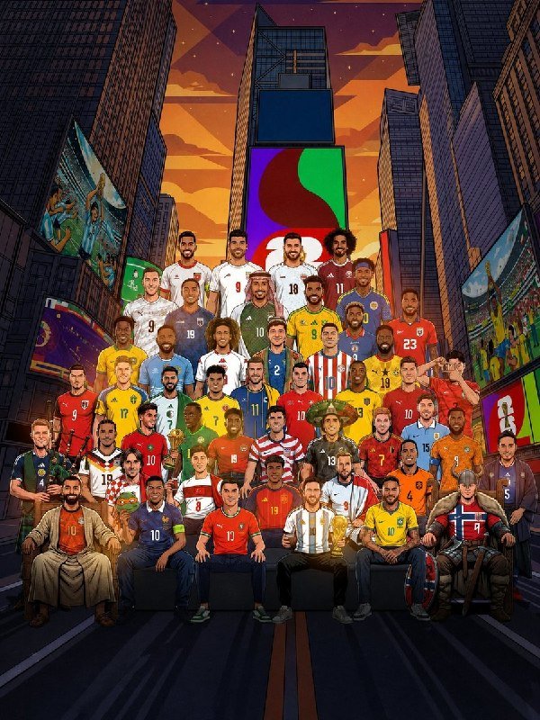 An illustrated graphic depicts over thirty soccer players in various national team jerseys arranged in rows on a city street, with skyscrapers and digital billboards in the background.
