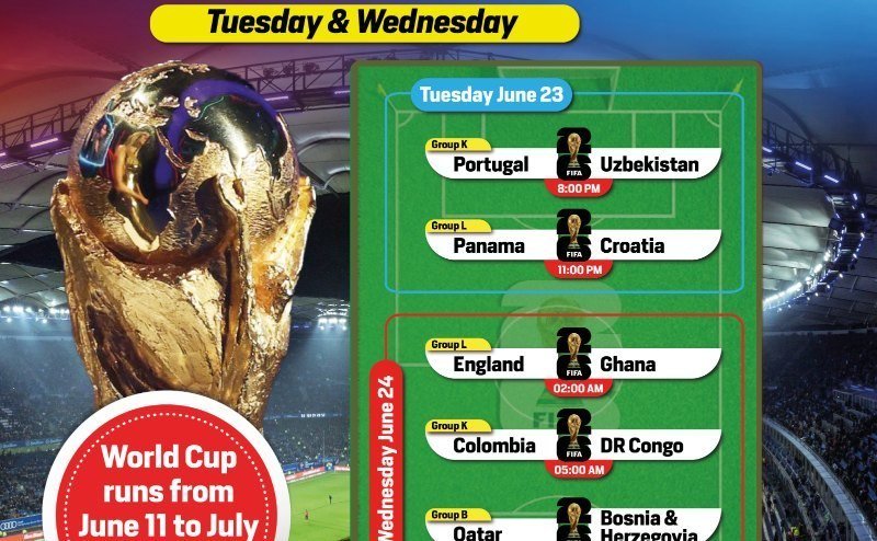 A sports graphic displays a golden World Cup trophy alongside a match schedule listing fixtures for Tuesday June 23 and Wednesday June 24, with text noting the tournament runs June 11 to July.
