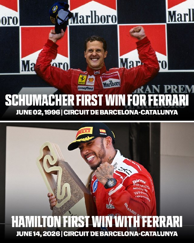 A split graphic shows a driver in a red racing suit raising his cap and fist above a Marlboro-branded backdrop, with text "Schumacher First Win for Ferrari, June 02, 1996," above a smiling driver in red holding a wooden trophy, captioned "Hamilton First Win With Ferrari, June 14, 2026."