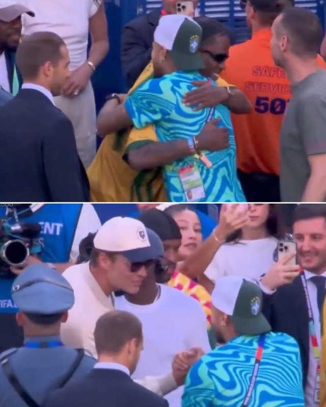 Two split-frame images show people embracing and greeting each other in a crowded stadium setting, with some wearing event credentials and casual summer attire.