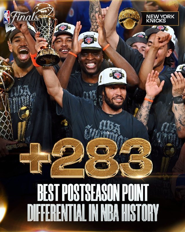 New York Knicks players celebrate with the NBA Finals MVP trophy and "NBA CHAMPIONS" apparel, overlaid with "+283 BEST POSTSEASON POINT DIFFERENTIAL IN NBA HISTORY."