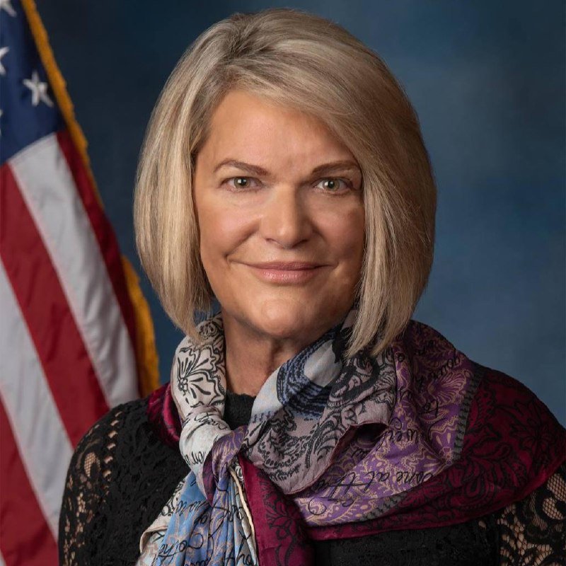 A woman with shoulder-length blonde hair wearing a patterned purple scarf and black lace top poses in front of an American flag against a blue backdrop.