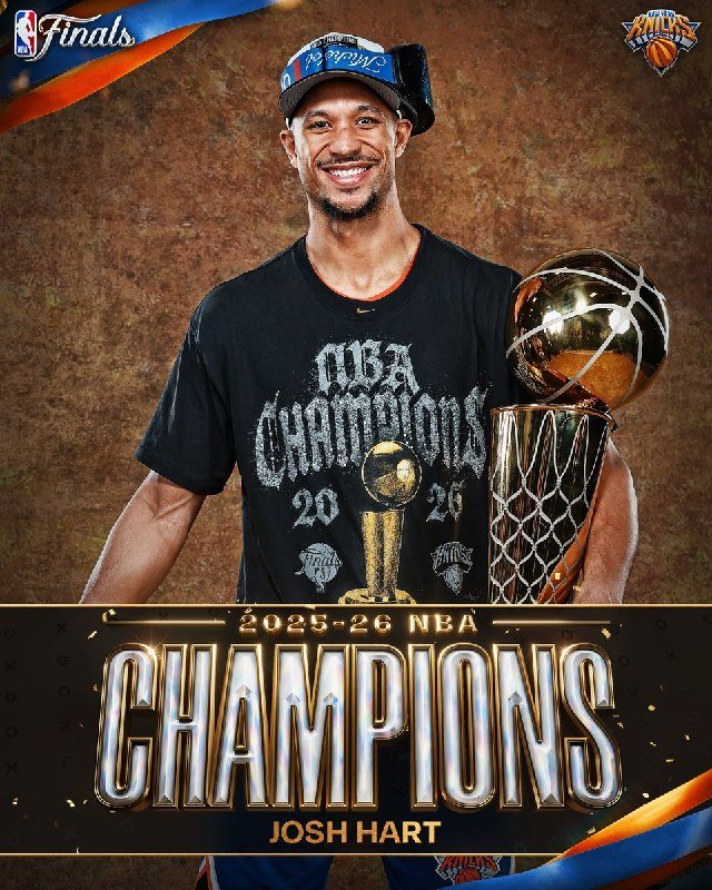 A smiling basketball player wearing a "NBA Champions" shirt and cap holds a trophy and basketball in a graphic labeled "2025-26 NBA Champions Josh Hart."